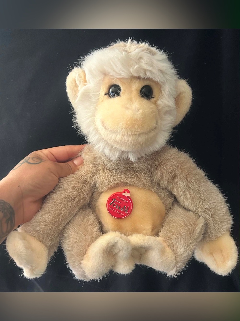 Vintage Plush Monkey Toy - Beige Brown with Red Tag